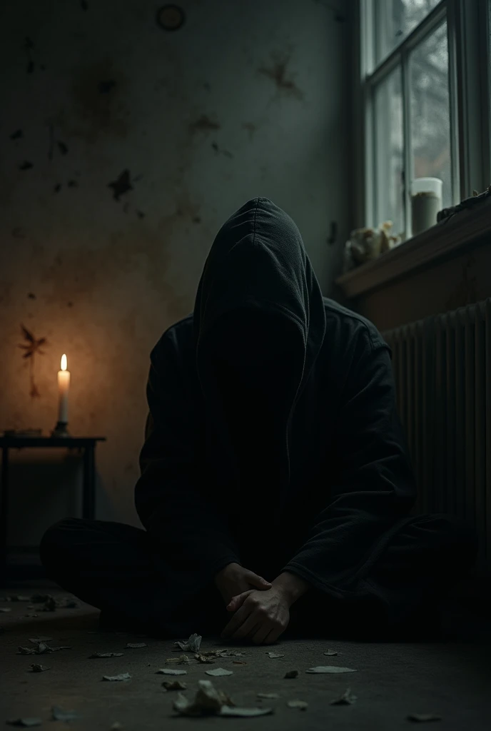 Create a person is depressed in the dark with a black hood