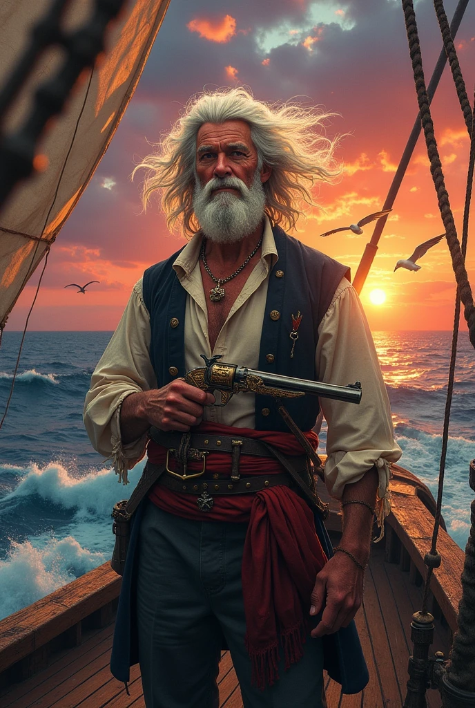 Draw a free-spirited white-haired pirate Draw an old man holding a gun