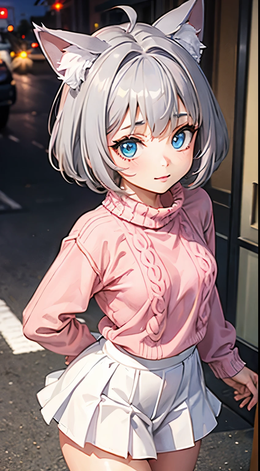 (masterpiece), (best quality), (High quality), BREAK, expressive eyes, perfect face, 1girl, (grey cat ears: 1.5), BREAK, (medium hair, grey hair, pixie cut), BREAK, (big eyes, perfect eyes, blue eyes, thick eyelashes), BREAK, (thin eyebrow), BREAK, (short height), slim bulid, BREAK, happy, smile, BREAK, (medium breasts), BREAK, (baggy pink sweater: 1.4, baggy fit: 1.6), (white micro skirt: 1.5), BREAK, (standing, contrapposto), cowboy shot, (view from front: 1.5 view from above: 1.3), (city background), looking at the viewer