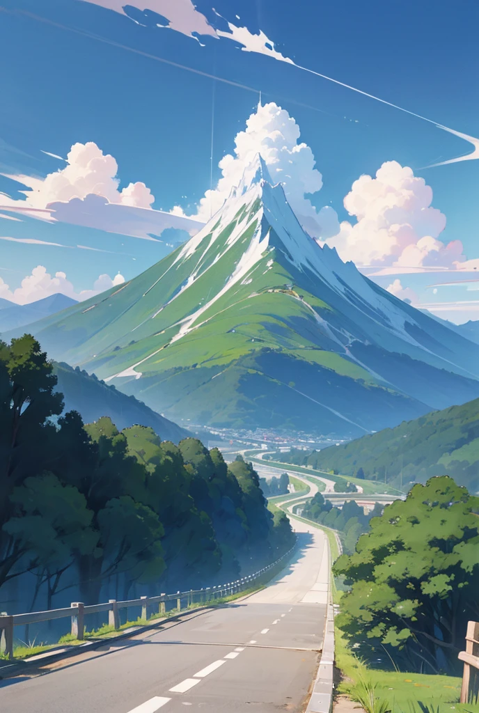 「rice ball」A mountain shaped like、Mountains深緑色、Mountains標高が低め、The time is morning、The weather was fine、The sky is blue、Pastel tones、Drawing with crayons、For kids、Picture books、Mountains１t、Mountains奥、The road１t、The road is winding、