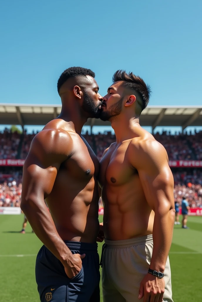 Asian young rugby player A and Asian rugby player B。A has a buzz cut and dark skin、Muscular and sweaty body。Wearing sleeveless rugby uniforms。B is a short-haired, muscular man with a bare upper body.。A and B kissed after a rugby match.、Hug each other tightly