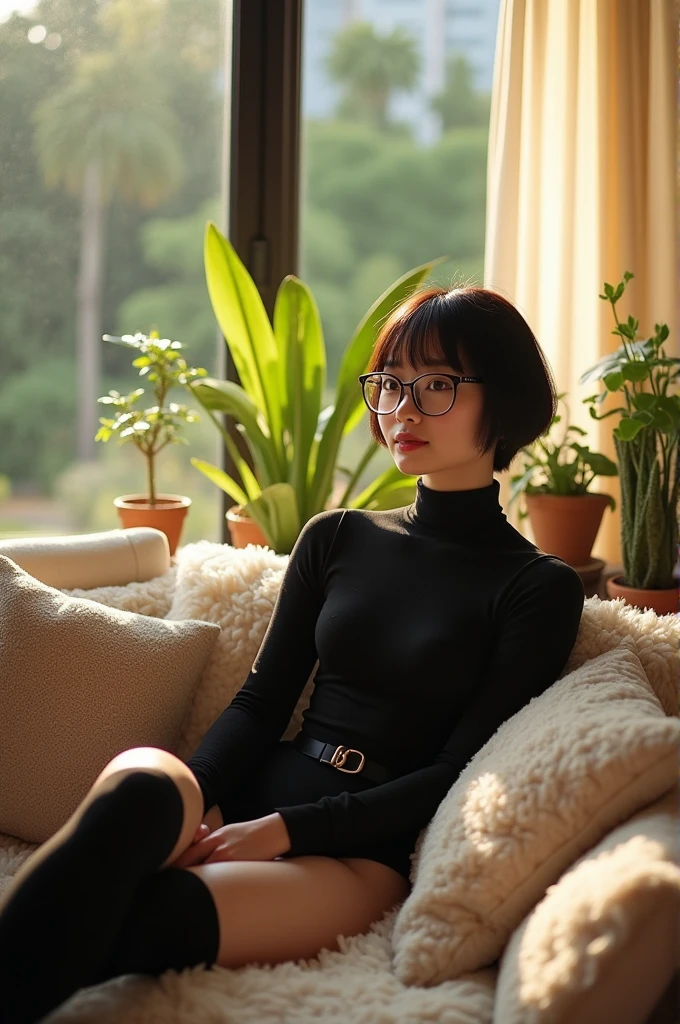 1 asian girl black bodysuits and black thigh high socks short hair glasses at home 