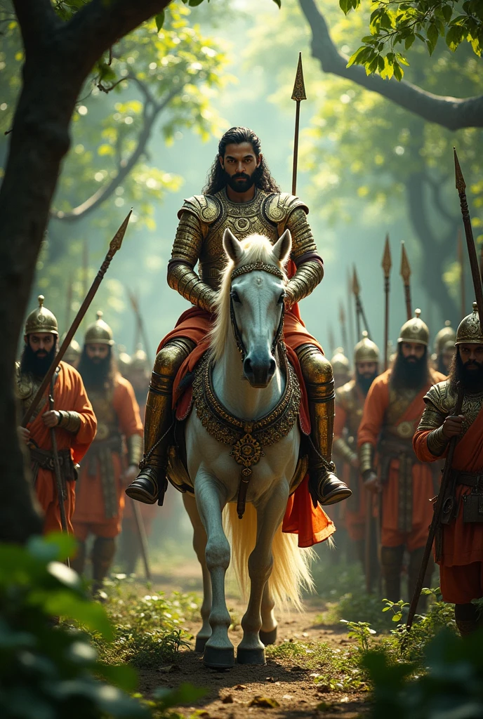 Chatrapati shivaji maharaj in jungle with a white horse with her soldiers