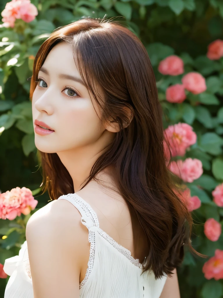 （Lifelike， A high resolution：1.3), 1 girl in a beautiful flower garden, super fine face and eyes, Asymmetrical top, cowboy shot, from behind, Turning Head Away,