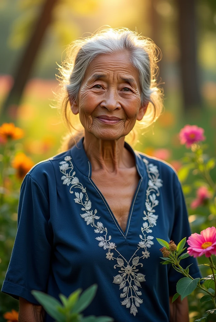 Thai grandmother in the countryside (best quality,4K,8ก,height,Masterpiece:1.2),Very detailed,(realistic,photorealistic,photo-realistic:1.37),HDR,UHD,studio lighting,ภาพวาดที่Very detailed,Sharp focus,Physical rendering,คำอธิบายรายVery detailed,professional,bright colors,Bokeh,high definition, the courageous grandmother,, her eyes reflect wisdom and determination,, with depth,, brown irises glowing with resilience,. Beautifully detailed eyes, Long eyelashes, and captivating eyes,. Teresa's face bears the marks of a life well lived,, her lips,, weathering with time,, part of it is a gentle smile that radiates warmth and kindness,. beautiful and detailed lips with an expression that speaks of kindness,. surrounded by lush greenery,, Standing amidst a vibrant garden, bursting with colorful flowers and towering trees,. Sunlight shines through the leaves., Handsome and gentle,, the warm light on her face,. The landscape is filled with bright colors and the beauty of nature. Wearing an indigo cotton dress with white embroidery ,adding movement and life to the scene,. in the background, Offers panoramic views of the rural village., The artwork is rendered in the style of a hyperrealistic portrait, Capture every little detail. the texture is meticulously recreated,, from the fine lines on her forehead to the creases around her eyes,. the painting is full of realism and depth,, evoking strong emotional connections,