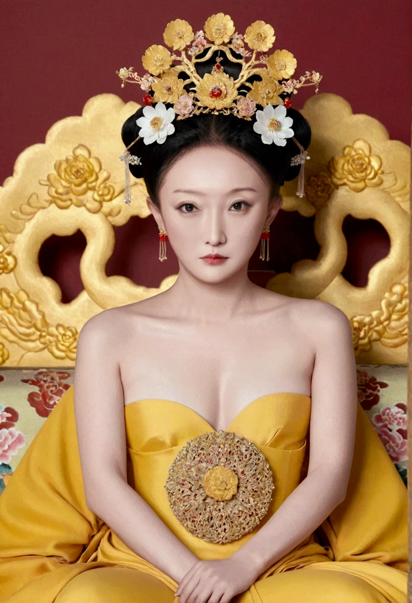 From the pre-Qing period, The Empress sits naked on a large golden sofa in the palace, Her legs were spread, At the Chinese court during the Qing Dynasty, Empress of the Qing Dynasty, Wearing the great crown of the Chinese Empress, Belly and thighs visible from below.。She is completely naked, Showing off gorgeous large flowers and hairpins, She tied her hair up and pulled it up, 背景はEmpress of the Qing Dynastyの豪華な宮殿.