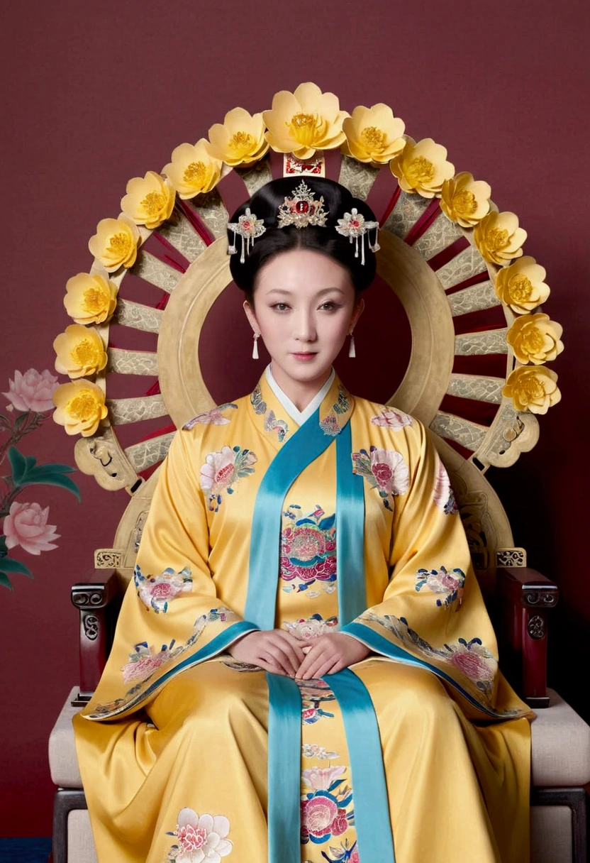 From the pre-Qing period, The Empress sits naked on a large golden sofa in the palace, Her legs were spread, At the Chinese court during the Qing Dynasty, Empress of the Qing Dynasty, Wearing the great crown of the Chinese Empress, Belly and thighs visible from below.。She is completely naked, Showing off gorgeous large flowers and hairpins, She tied her hair up and pulled it up, 背景はEmpress of the Qing Dynastyの豪華な宮殿.