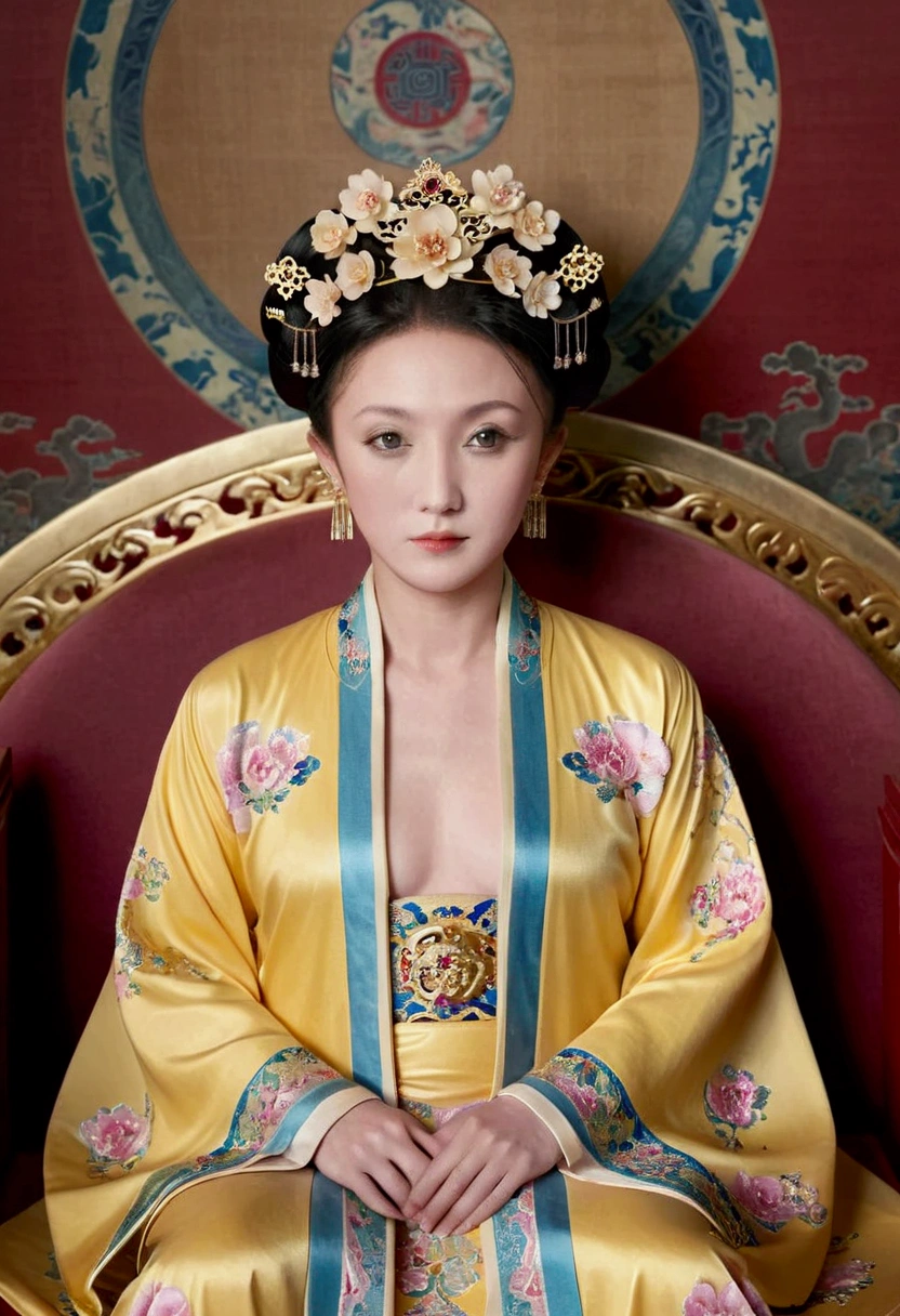 From the pre-Qing period, The Empress sits naked on a large golden sofa in the palace,  Her legs were spread, At the Chinese court during the Qing Dynasty, Empress of the Qing Dynasty, Wearing the great crown of the Chinese Empress, Belly and thighs visible from below.。She is completely naked, Showing off gorgeous large flowers and hairpins, She tied her hair up and pulled it up, 背景はEmpress of the Qing Dynastyの豪華な宮殿.