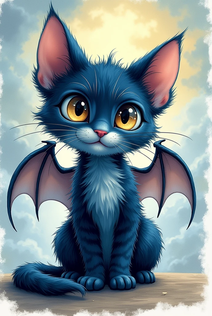 a blue and black tabby cat with bulging eyes and bat wings in sketch style 