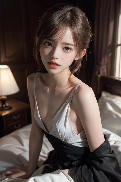 (1 slim 16yo Emma Watson,small breasts,feminine,symmetry eyes),BREAK,(Want me in bed,to kiss,fun,happiness,She likes me),(opened mouth:1.4),8k,Realistic photo style,Photorealism, Realistic, surreal,Best image quality, High resolution, Highest quality,cinematic, Intricate details,Ultra-fine detail, True light and shadow,Shots from the film, Professional Color Grading,Sharp focus, Film Grain,High Dynamic Range, charm, The most detailed skin texture