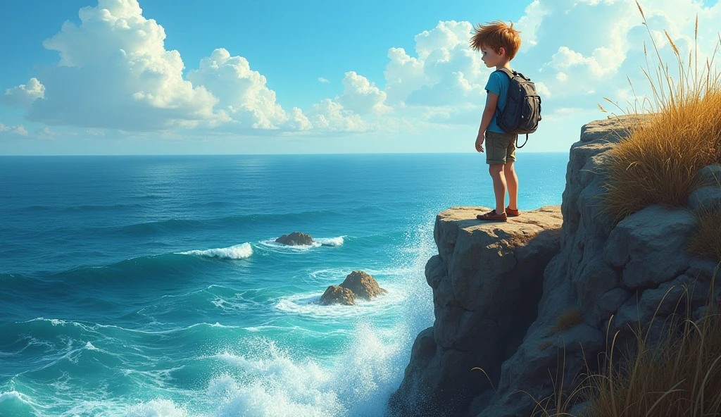 A young boy with determination in his eyes, gazing out at the vast, endless ocean from a rocky cliff, dreaming of adventure."**