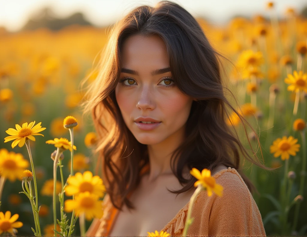 Crée une série de photos artistiques, corps complet, pour une jeune influenceuse de 25 ans, cheveux mi-long marrons, yeux marrons, avec beaucoup de charme, sexy, regard inspiré, en utilisant des thèmes de la nature et des couleurs vives. Elle porte les mêmes vêtements comme pour un shooting photo. Les photos doivent être lumineuses et inspirantes, idéales pour un public intéressé par la beauté naturelle.