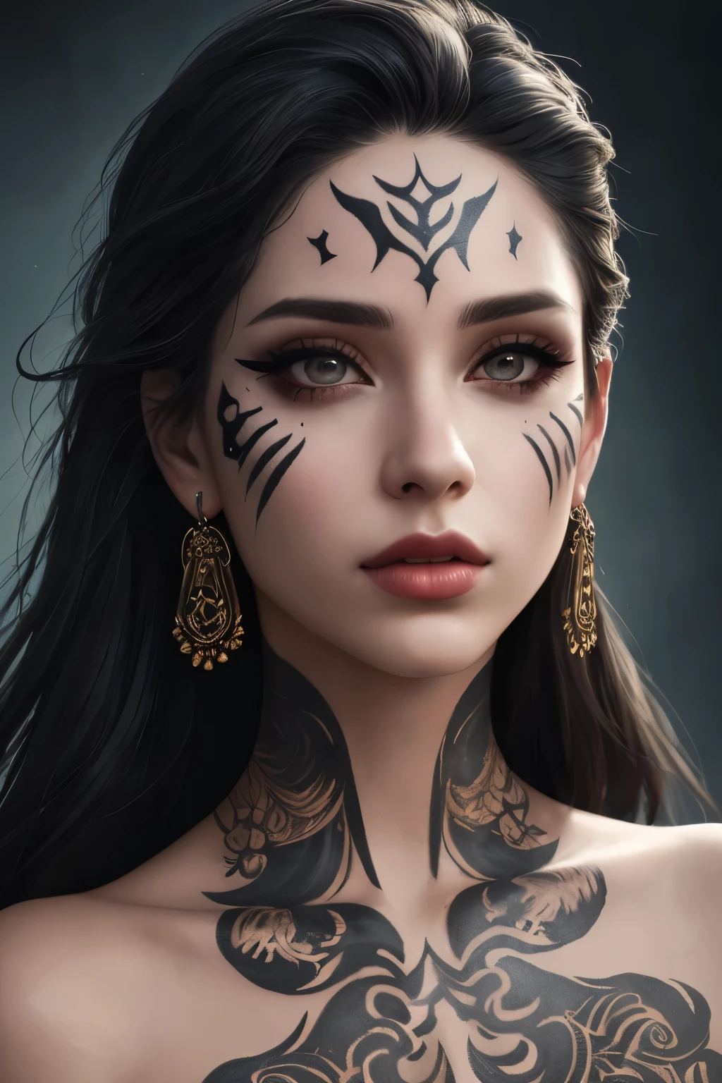 1girl, close up portrait, war paint, face paint, invented, barcodes, tattoos, piercings, (best quality,4k,8k,highres,masterpiece:1.2),ultra-detailed,(realistic,photorealistic,photo-realistic:1.37),vibrant colors, dramatic lighting, dark fantasy, digital art, highly detailed facial features, intricate designs, striking contrasts, surreal elements