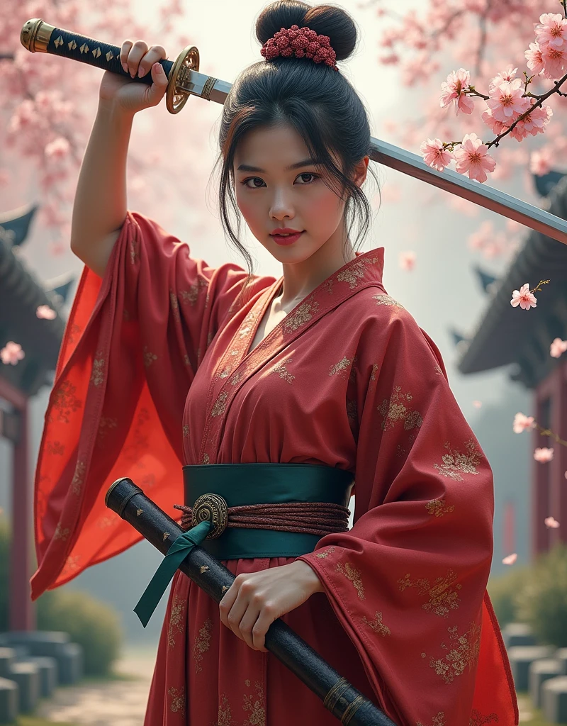 ninja girl,a realism image of a woman with big breast,a woman in a red kimono dress holding a sword in a forest, by Yang J, chengwei pan on artstation, 2. 5 d cgi  fantasy artwork, 4k fantasy art, ross tran 8 k, fanart best artstation, alena aenami and artgerm, extremely detailed artgerm, digital fantasy art ), 8k fantasy art
