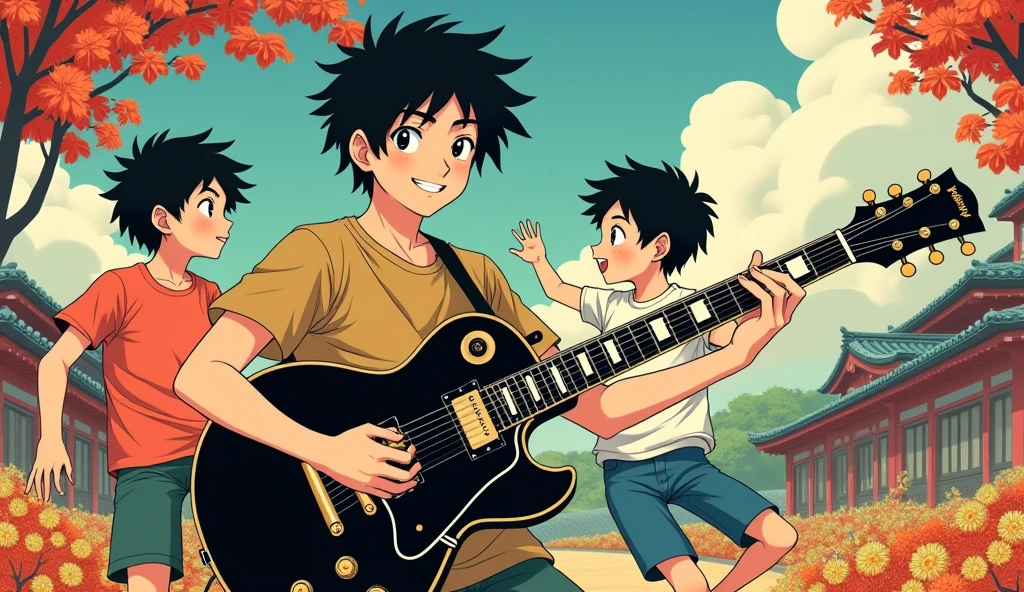 Rock Guitarist's Father、Two boys dancing、Ukiyo-e style、Black Les Paul、Anime Style、force、Father looking at the camera、My father has black hair、summer、Only two children、A close father and son、My father has short hair、Japanese、Father looking at the cameraでギターを弾いている、Let's make the kids a little older