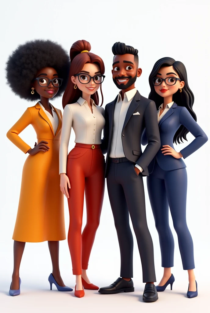 generates a group of people in 3D animation, three of which are women in formal suits, a brunette girl with afro hair and glasses, a white girl with wavy hair and glasses, another white girl with straight black hair, without glasses and a dark-skinned man without a beard, only a mustache, afro hair with low fade cut afro hair with suit white background