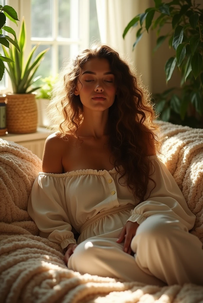 (photorealism:1.2), beautiful woman, sitting on bed, wearing loose off-shoulder top, pajama pants, long curly hair, indoors, soft lighting, plants in background, window with sunlight, cozy room, relaxed pose, realistic, intricate details, warm colors, by Greg Rutkowski, by Alphonse Mucha
