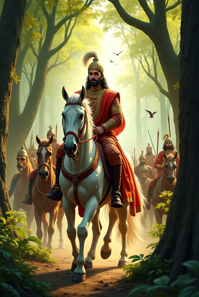 Chatrapati shivaji maharaj in jungle with a white horse with her soldiers In marathi look