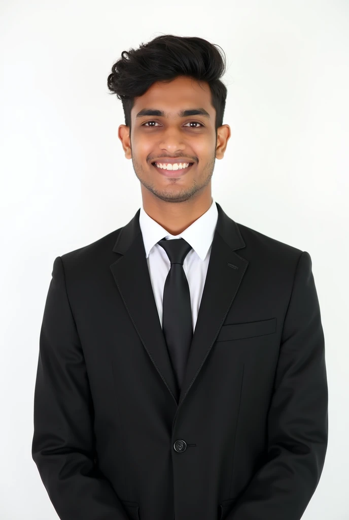 A24 year Bangladeshi young boy see the front, background white, black suit and white shirt and black tie , passport size