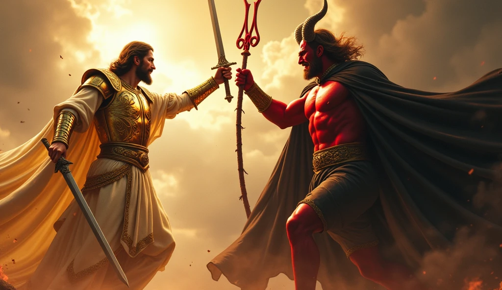 Vivid photo of Jesus wearing golden armor and a sharp sword, fighting with devil wearing a black cloak, a red trident, Satan's whole body is red, with sharp horns, excellent photo quality , complex details, 8k resolution