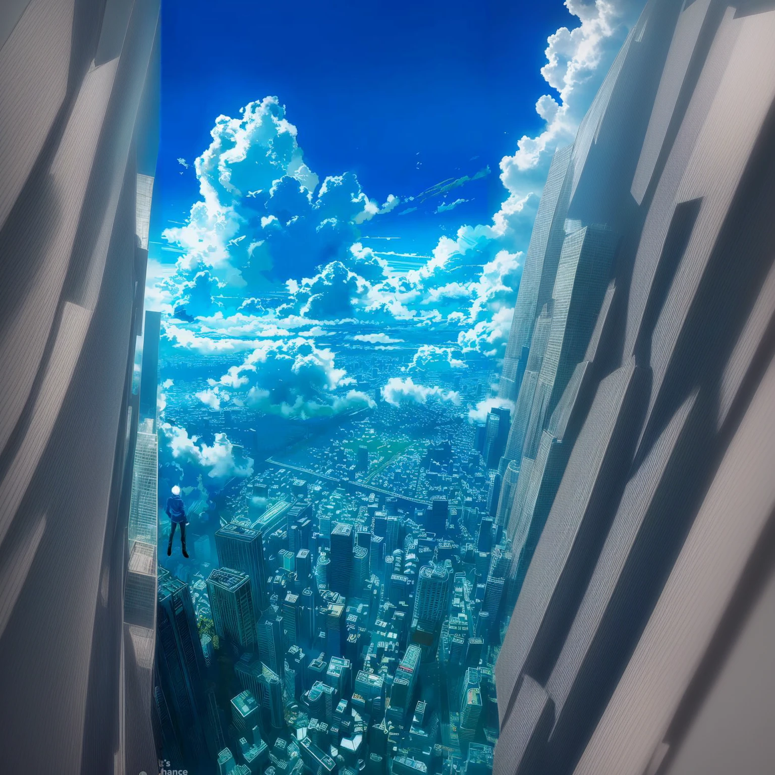 similar quality , add more buildings(all buildings smaller then the man flying)(all buildings should look alike ) cloud , the man flying should be above everyone , in same blue tone