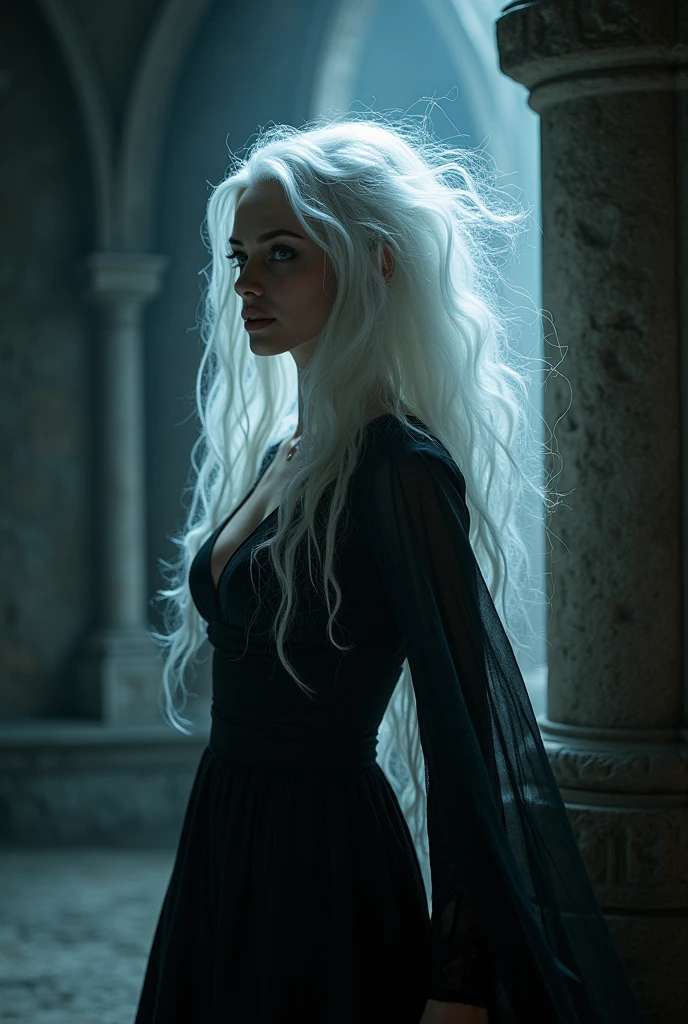 Imagine the portrait of a captivating woman, possessing both beauty and an ominous power, residing in a foreboding castle. Her meticulously crafted face, now adorned with white hair, becomes an ethereal and haunting feature against the backdrop of the shadowed castle. The contrast between her dark charisma and the pallor of her hair enhances the overall eeriness of her presence. In this realistic depiction, the woman's expression retains the blend of allure and malice, while the white hair adds an otherworldly touch to her appearance. The play of light and shadow within the castle highlights the ominous atmosphere, creating a cinematic scene that immerses the viewer in the duality of her beauty and dark power. The evil force she possesses takes on an even more mysterious quality as it intertwines with the ethereal white strands of her hair. This visual narrative invites viewers into a realm where the woman's haunting allure is heightened by the spectral beauty of her white hair, defining her as a captivating and enigmatic figure within the confines of the ominous castle.