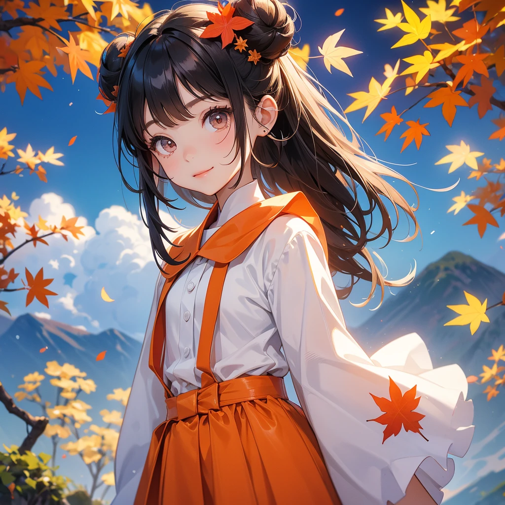 A chibi child girl had a small face and wearing a white little tourist priest’s outfit, a pair of big round eyes shone with curiosity about him. This child was so cute, her hair is black with buns on her hair. Small chibi , chibi baby, smiling , chibi.
The backdrop is a mountain that turns orange-red in spring, and maple leaves fall from the trees.