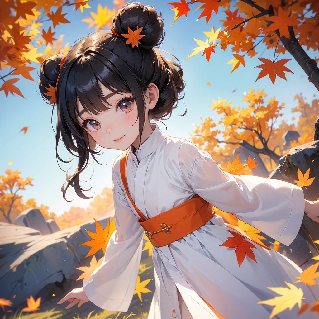 A chibi child girl had a small face and wearing a white little tourist priest’s outfit, a pair of big round eyes shone with curiosity about him. This child was so cute, her hair is black with buns on her hair. Small chibi , chibi baby, smiling , chibi. 

The backdrop is a mountain that turns orange-red in spring, and maple leaves fall from the trees.