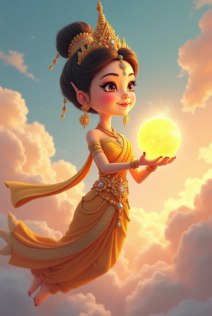 A woman in a Thai costume with a headdress floats in the sky holding a glowing crystal ball. Her full body is seen facing sideways in the shape of a cartoon.