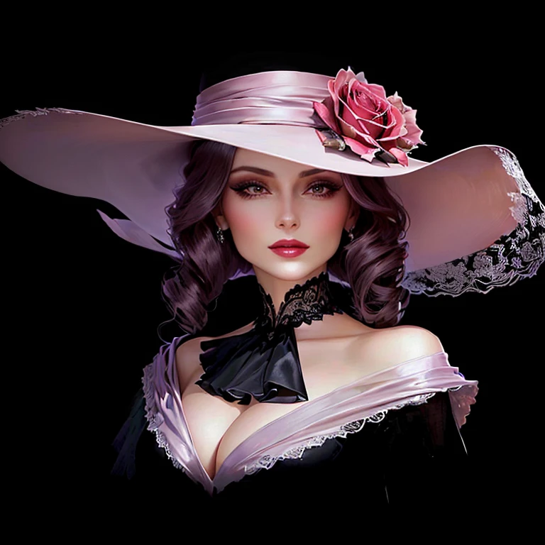 Close-up of a woman wearing a hat and with a rose, holding a rose, digital art of elegance, Exquisite & Beautiful, Elegant lady, Mysterious glamour, she wears a hat, inspired by Olga Rozanova, her face is a mauve flower, The Art of Fashion, !!! high-fashion!!!, !! high-fashion!!, ! high-fashion!, inspired by Hedy Xandt