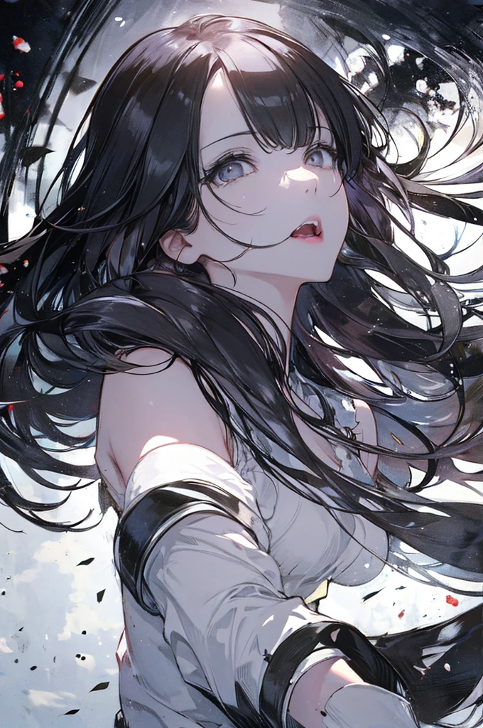 senjumaru shutara, (long hair, bangs, blunt bangs, black hair, sidelocks:1.5), (black eyes:1.5), makeup, lipstick, red lipstick, mechanical arms, sweating, glowing eyes, heavy breathing, breasts, 1girl, navel, cleavage, bare_shoulders, looking_at_viewer, solo, pants, large_breasts, standing, tattoo, long_sleeves, thighs, floating_hair, tree, toned, "Photorealistic, Hyperrealistic, Hyperdetailed, analog style, soft lighting, subsurface scattering, realistic, heavy shadow, masterpiece, best quality, ultra realistic, 8k, golden ratio, Intricate, High Detail, film photography, soft focus", sweating, steaming body, fog, (anime coloring, anime screencap:1.5)