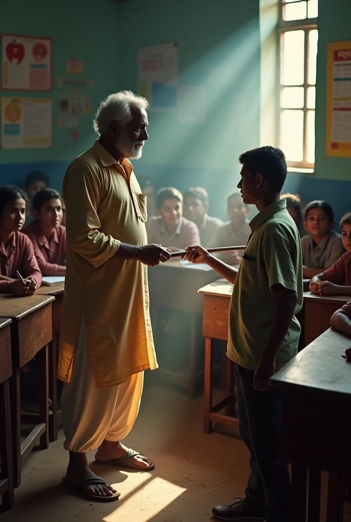 A 60 aged old Indian school teacher is beating A 15 years aged Indian boy with stick infront of 30 students
