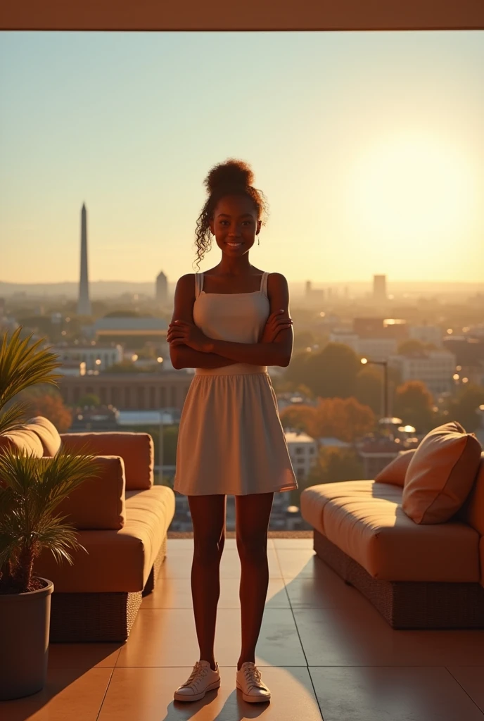 black girl and her white best friends, arms crossed, she is the leader, setting is a large luxury patio, tan furniture, natural lighting, view of Washington DC, futuristic, detailed, hd