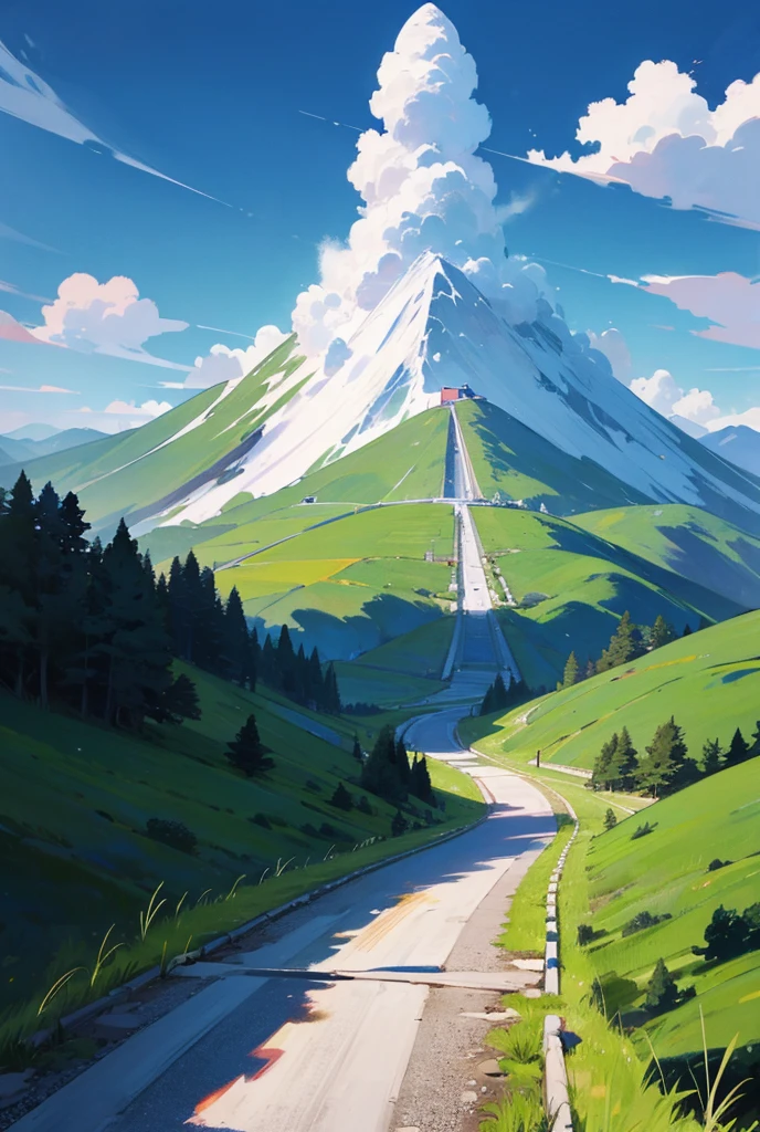 「rice ball」A mountain shaped like、Mountains深緑色、Mountains標高が低め、The time is morning、The weather was fine、The sky is blue、Pastel tones、Drawing with crayons、For kids、Picture books、Mountains1t、Mountains奥、The road1t、The road is winding、The road is an animal trail、There is no snow on the mountain top、