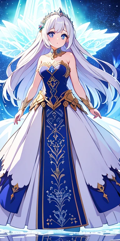 Full body, beautiful eyes , 1 girl , full body , cute girl , anime style , cute eyes , (standing up) , (Age: Late 20s
Hair: Long, silvery white or pale blonde, flowing freely or intricately styled
Eyes: Deep violet or ice blue, reflecting wisdom and strength
Attire: Aurora wears elegant, flowing garments that combine elements of nature and royalty. Her attire might be adorned with intricate patterns of leaves, snowflakes, or celestial motifs, symbolizing her connection to the diverse environments of the Archipela region. Her outfit often has a regal yet ethereal quality, befitting her status as Champion.) , ballgown , puffy ballgown , (princess) , (Sleeveless gown) , (strapless gown)
