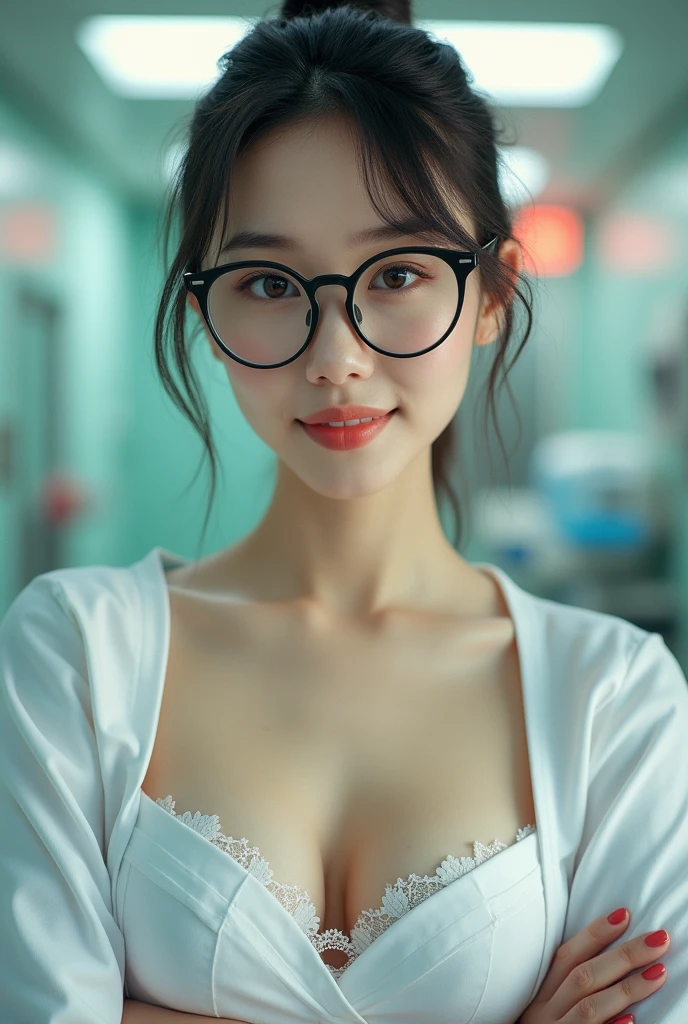 Stunning young Asian nurse dressed in nurse uniform with top open revealing bra and round chest. She is tall and slim with pale white skin. Her face is wide with a strong jaw. She is wearing large round glasses. Image facing camera face and chest visible. She is a beautiful Asian nurse. Provocative and sensual look. Very realistic