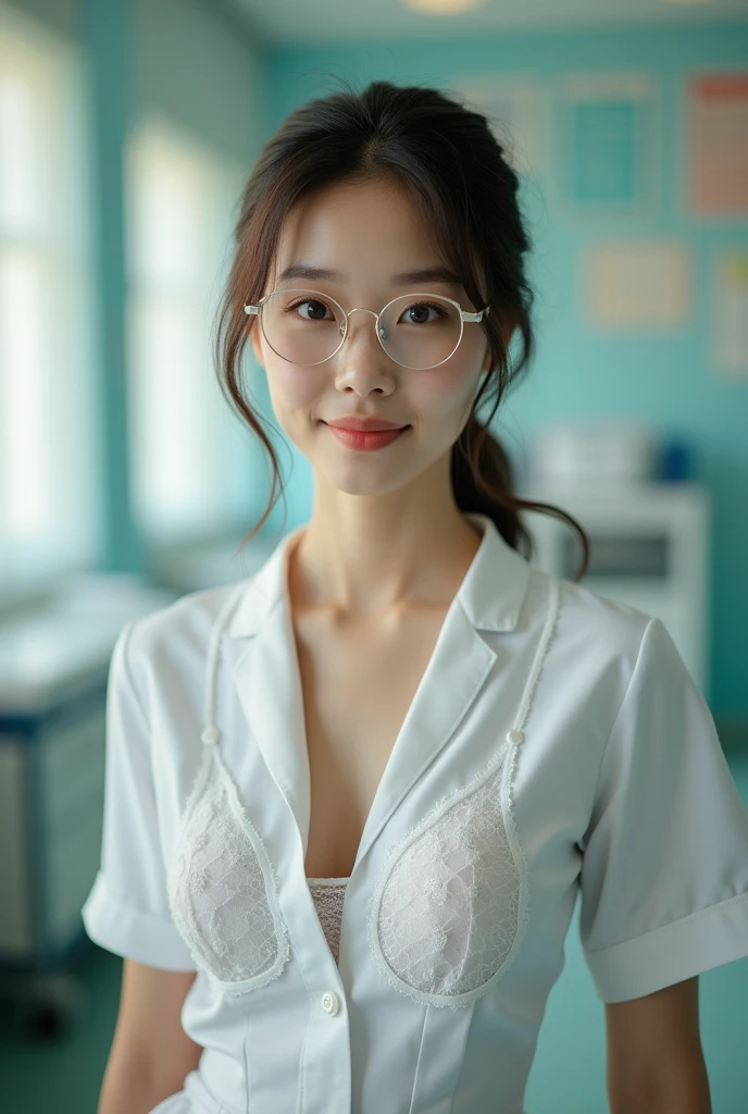 Stunning young Asian nurse dressed in nurse uniform with top open revealing bra and round chest. She is tall and slim with pale white skin. Her face is wide with a strong jaw. She is wearing large round glasses. Image facing camera face and chest visible. She is a beautiful Asian nurse. Provocative and sensual look. Very realistic