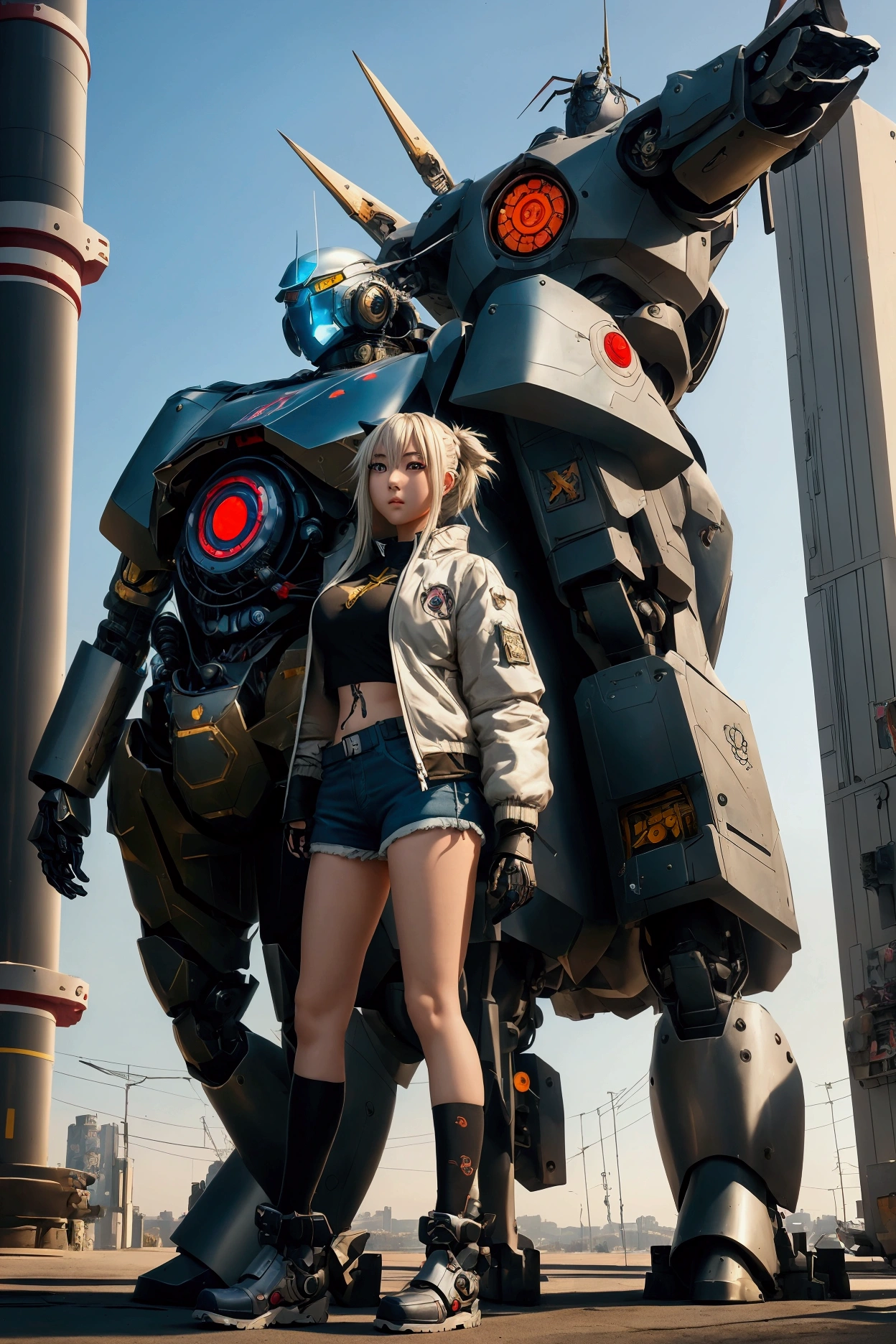 Anime girl in shorts and jacket standing next to a giant robot, guweiz style artwork, chica anime cyberpunk mech, trend on cgstation, guweiz, by Russell Dongjun Lu, cyberpunk anime digital art, ross tran 8k, Guweiz and Artstation Pixiv, girl with mecha cybernetic armor