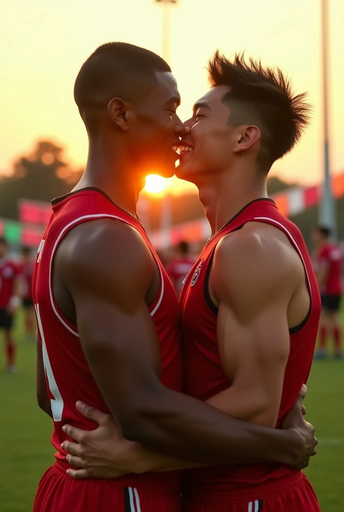 Young Japanese rugby player A and Japanese rugby player B。A has a buzz cut and dark skin、Muscular and sweaty body。Wearing sleeveless rugby uniforms。B is a short-haired, muscular man with a bare upper body.。A and B kissed after a rugby match.、Hug each other tightly