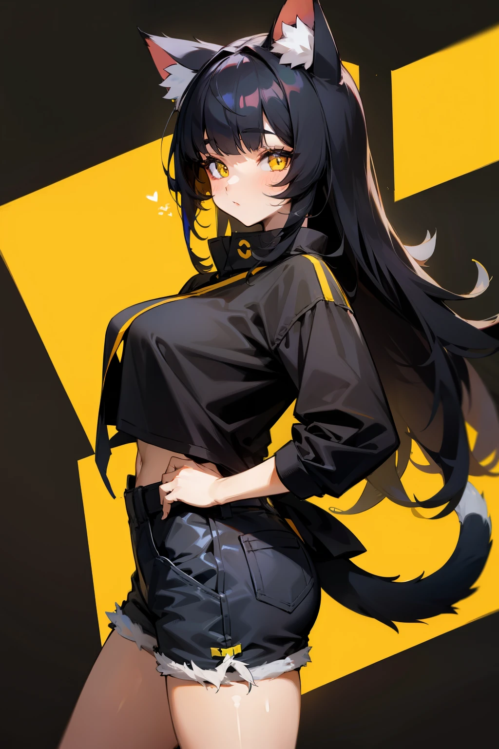 Cute girl, black hair, yellow eyes, cat ears, cat tail, big tits, shorts 