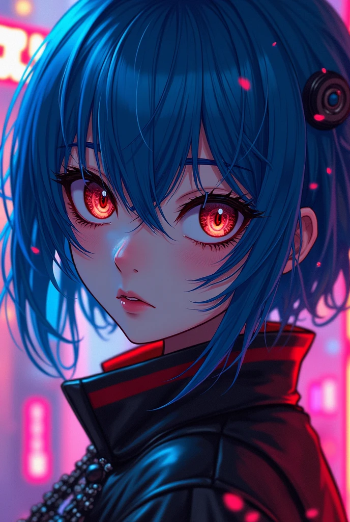 (masterpiece,detailed,High resolution:1.4) , Model shoot, close, detailed face, fine detailed eyes,, (kirishima touka),Blue middle hair,ghoul eyes,Retro Jacket,Tokyo Ghoul,Retrofuturism background, Vibrant colors, High resolution,, ,