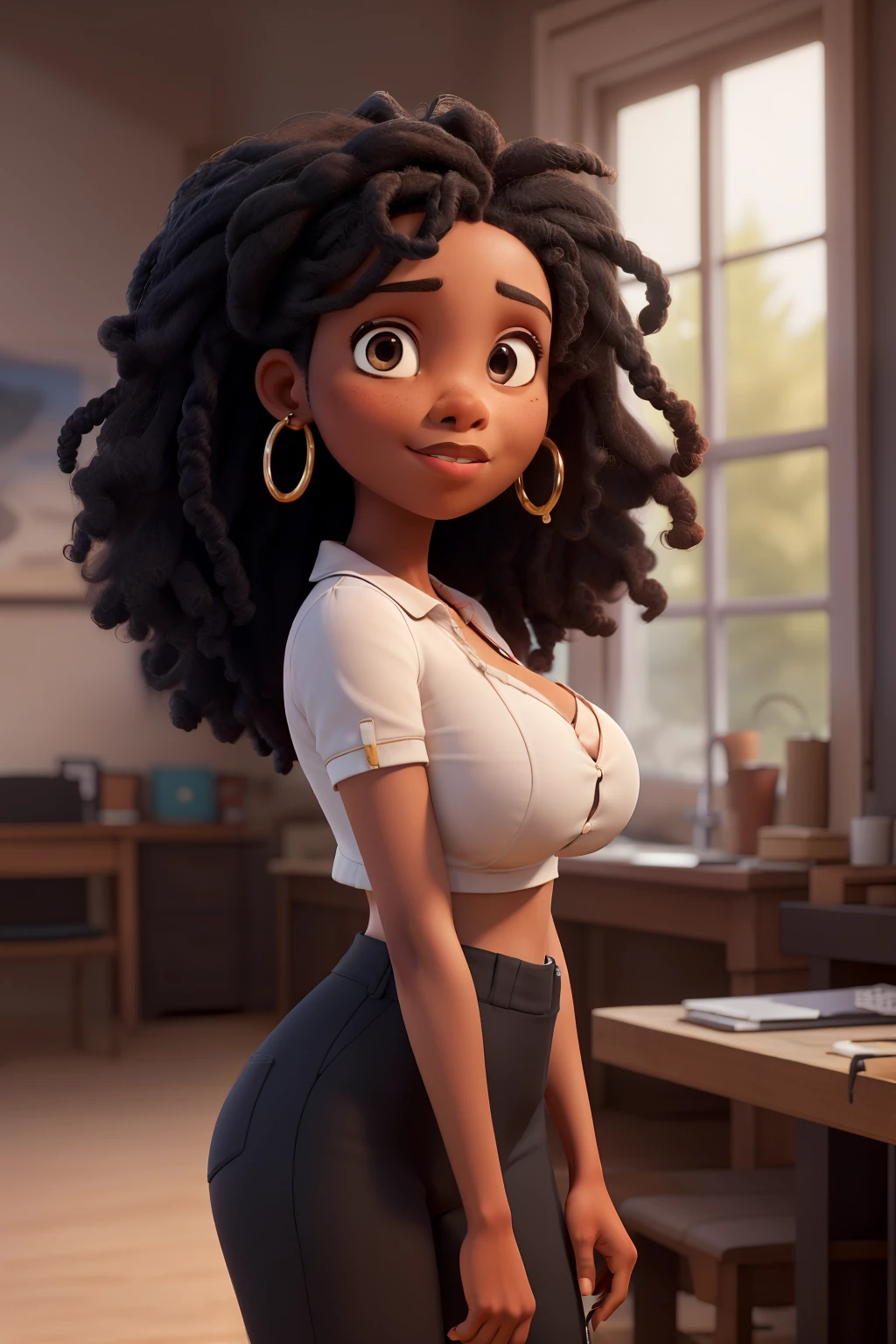 ((best qualityer)), ((work of art)), (detailded), 1 girl, in house,  dark black woman, Big boobs, low-cut blouse, long afro braid , close up view of the photo, 
