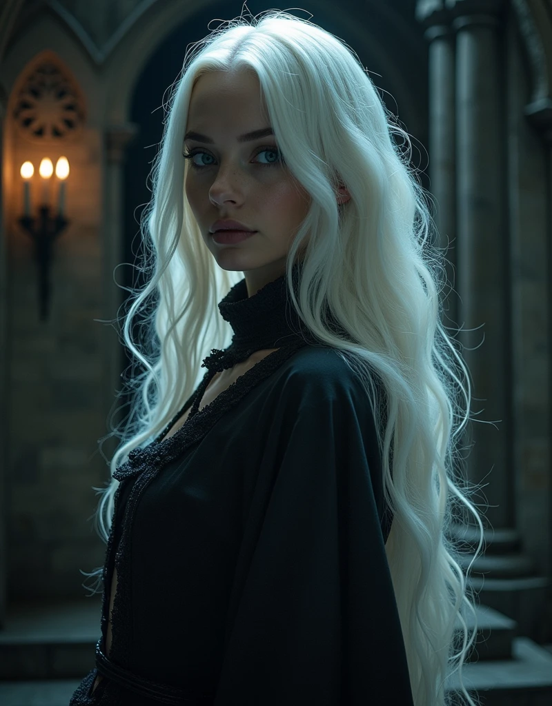 Imagine the portrait of a captivating woman, possessing both beauty and an ominous power, residing in a foreboding castle. Her meticulously crafted face, now adorned with white hair, becomes an ethereal and haunting feature against the backdrop of the shadowed castle. The contrast between her dark charisma and the pallor of her hair enhances the overall eeriness of her presence. In this realistic depiction, the woman's expression retains the blend of allure and malice, while the white hair adds an otherworldly touch to her appearance. The play of light and shadow within the castle highlights the ominous atmosphere, creating a cinematic scene that immerses the viewer in the duality of her beauty and dark power. The evil force she possesses takes on an even more mysterious quality as it intertwines with the ethereal white strands of her hair. This visual narrative invites viewers into a realm where the woman's haunting allure is heightened by the spectral beauty of her white hair, defining her as a captivating and enigmatic figure within the confines of the ominous castle.