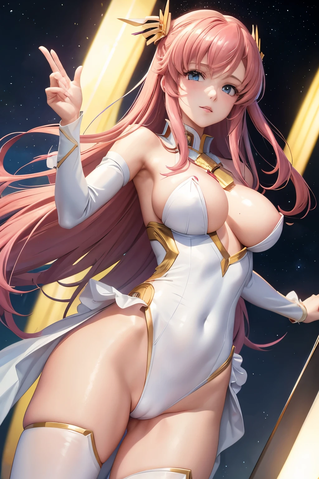 (((Highest quality、first class、masterpiece、Normal body、8k、Detailed face、Ultra-precision、normal hand、Normal refer to、5refer to、Highest)))、Lacus Clyne、"Gundam SEED"、ハイレグPilot Suit、Pilot Suit、The body line is clearly visible up to the nipples.