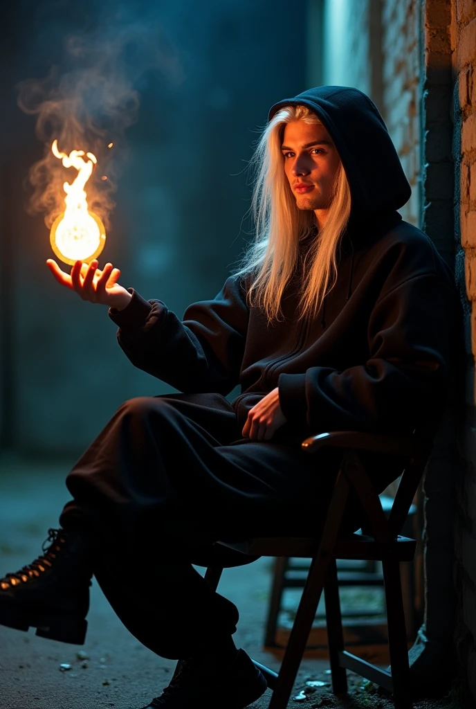 A misterious superhero. He wear black clothes: baggy pants, hoodie with large hood on his head and gloves without fingers. He has white long hair and he's very handsome. The hood cover his face in half but I can see smirk on his face. He has indygo colored eyes. In his hand he's playing with ball of fire. He is sitting on chair backrest.