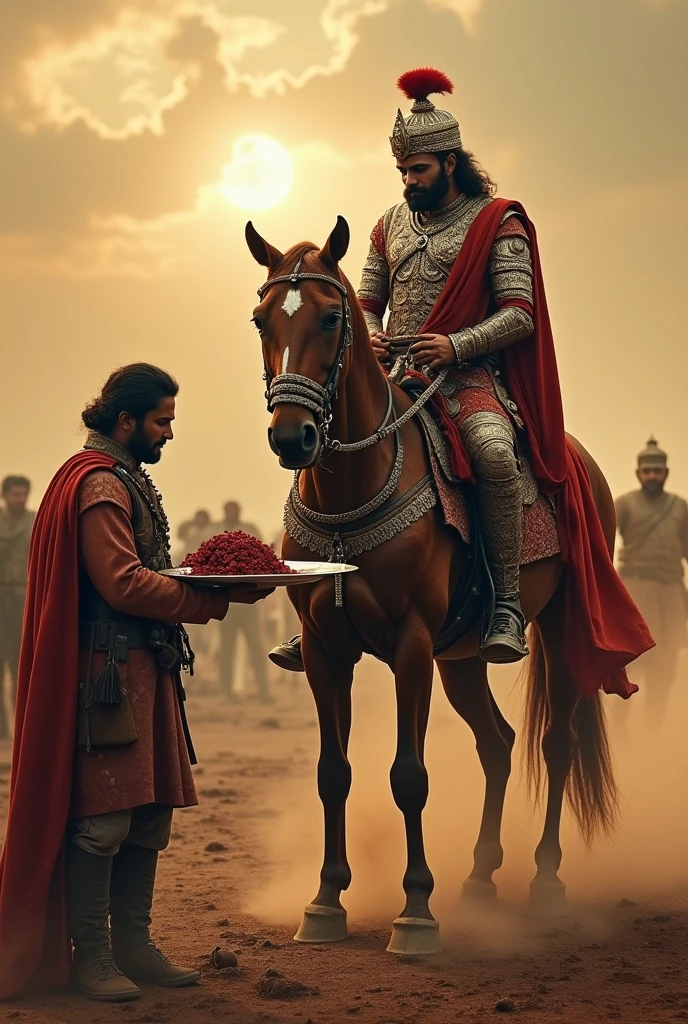 One of his soldiers brings the queen's severed head on a plate to the rajput king while king is sitting on a horse in the battlefield.