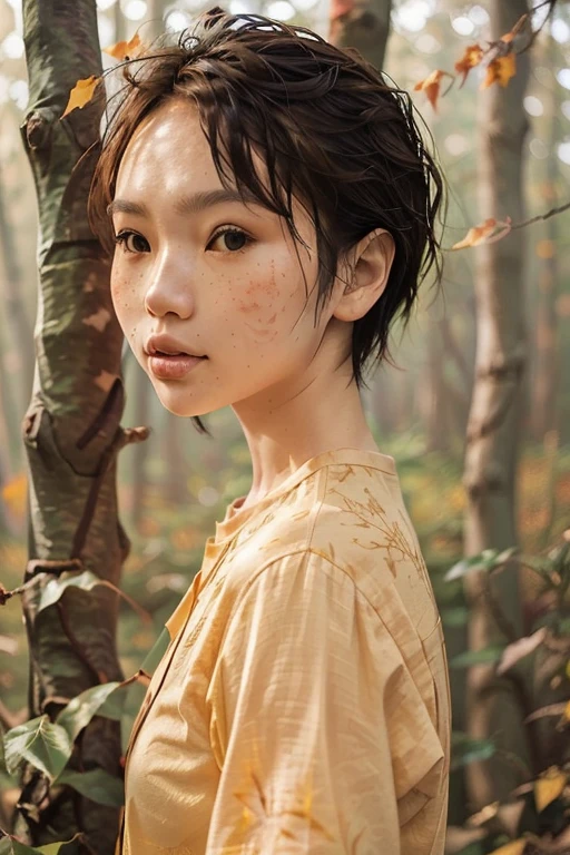 a beautiful japanese college girl with some freckles on her face inspired by hamada hideyaki shot by contax g1 with portra 800 film roll, ((short hair)),  ((yellow trees forest)), autumn,scenery:1.25,((intricate scenery)),((autumn forest background)), ((sun rays)), 