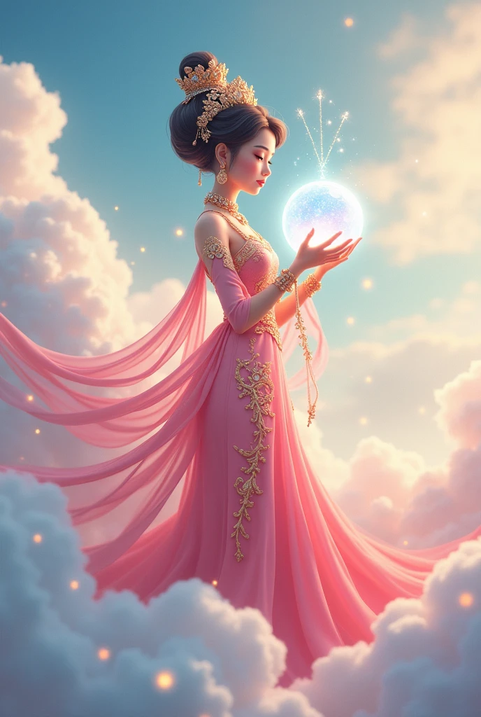 Mekhala, a woman in a pink Thai dress with a headdress, floats in the sky holding a glowing crystal ball. Her full body is seen facing sideways in a cartoon shape.