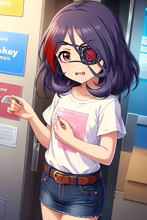 Hayasaka Mirei,purple hair,multicolored hair,fang,brown eyes,short hair,eyepatch,white t-shirt,jeans skirt,belt