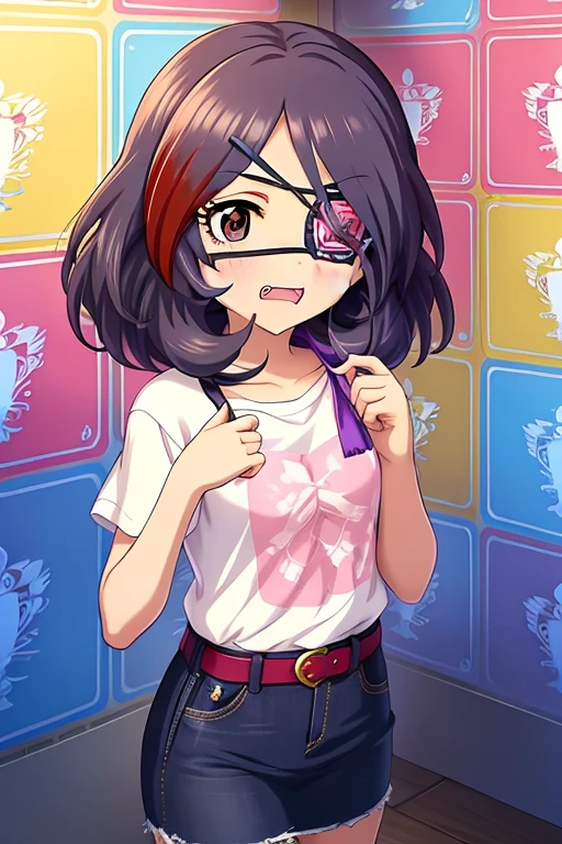 Hayasaka Mirei,purple hair,multicolored hair,fang,brown eyes,short hair,eyepatch,white t-shirt,jeans skirt,belt